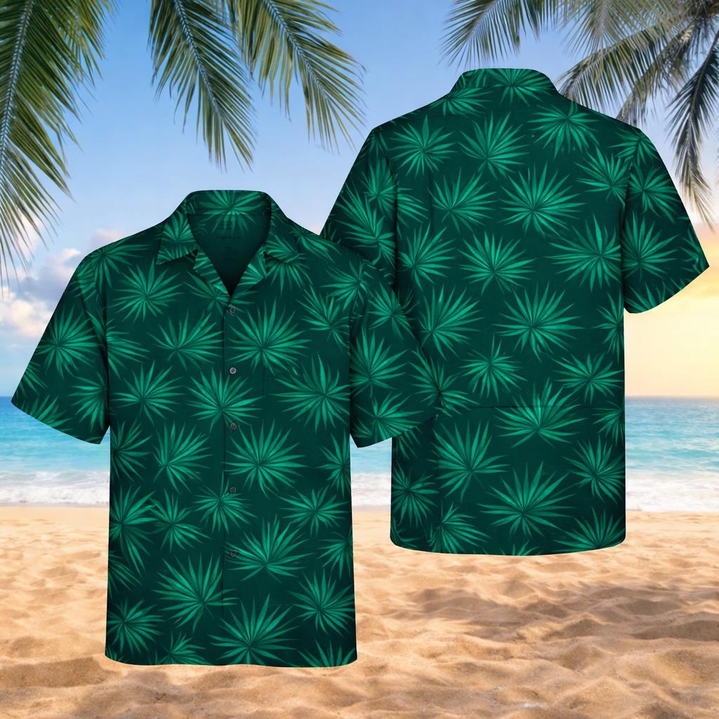 Emerald Green Palm Leaf Hawaiian Shirt, Tropical Unisex Aloha Button Up