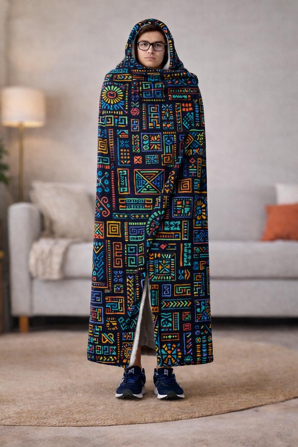 Tribal Fleece Hooded Blanket, Oversized Wearable Blanket