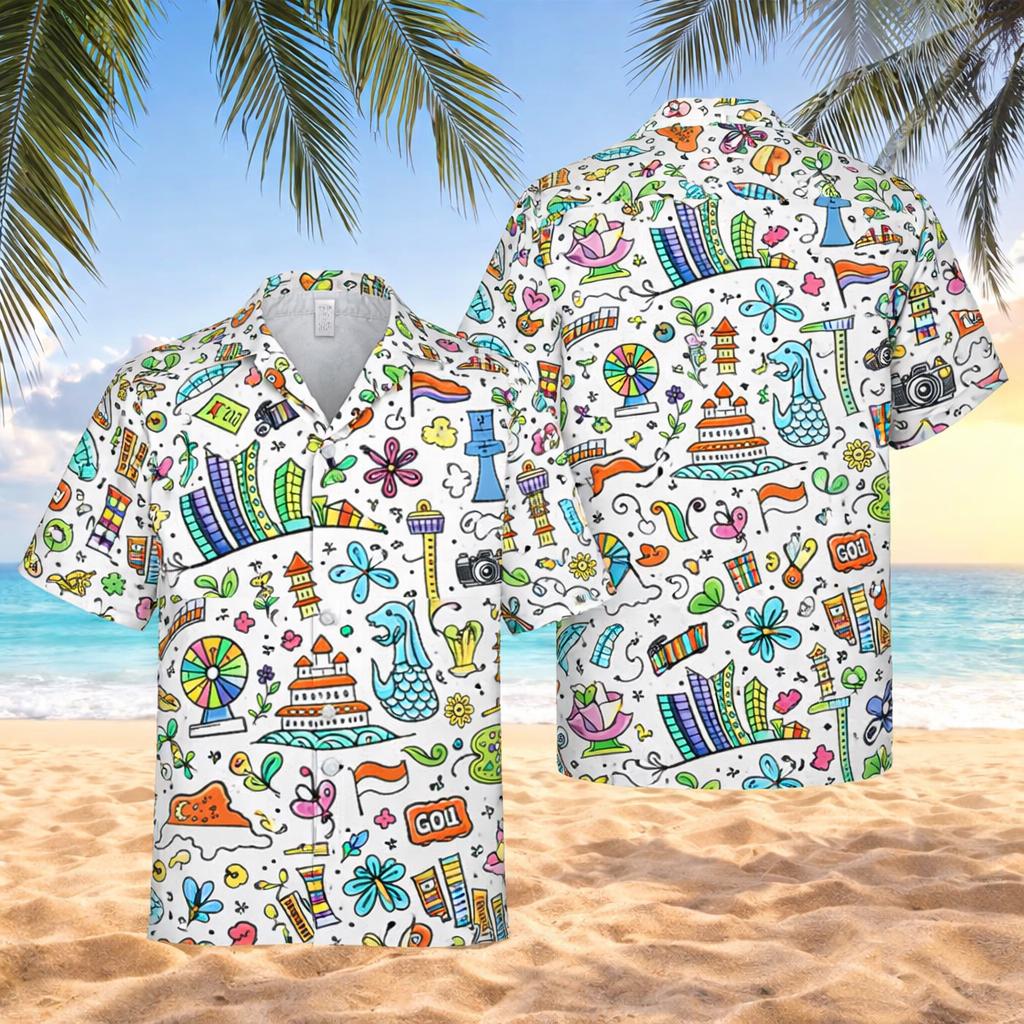 Travel Doodle Hawaiian Shirt, Colorful Summer Aloha Button Up, Unisex Vacation Print