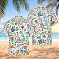 Travel Doodle Hawaiian Shirt, Colorful Summer Aloha Button Up, Unisex Vacation Print