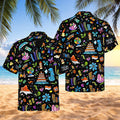 Travel Doodle Hawaiian Shirt, Colorful Aloha Button Up, Summer Vacation Tropical Print