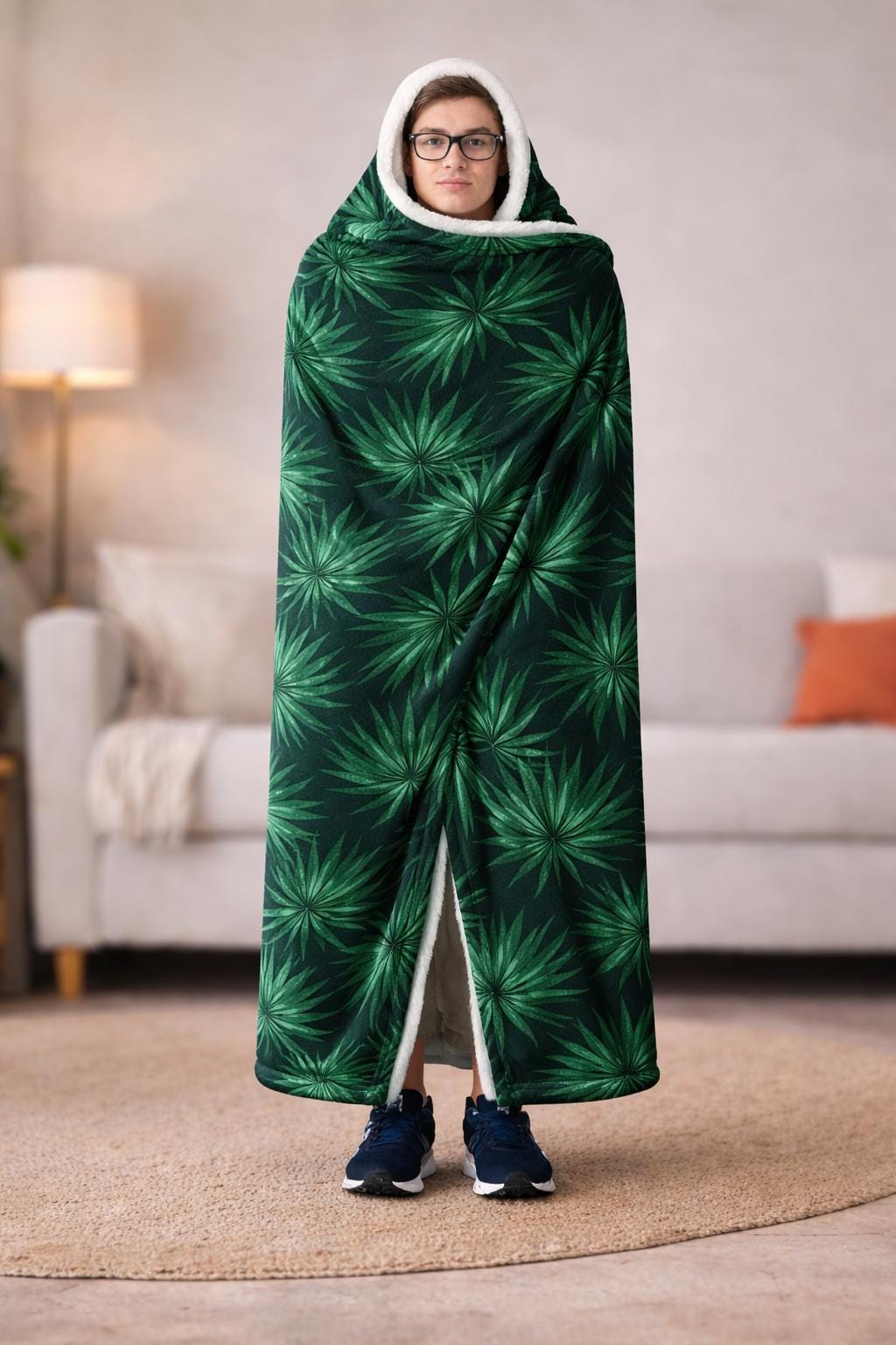 Palm Leaf Hooded Blanket, Plush Wearable Blanket, Tropical Gift